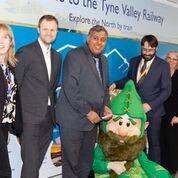 Alex Bray (Cross Country) Kul Bassin(DfT) Dr /gareth Evans (Intu & TVCRP) with Herbert the Metrognome